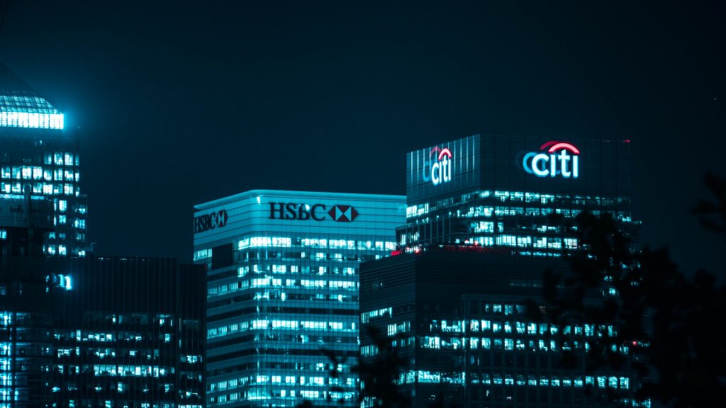 Bank buildings in a night skyline